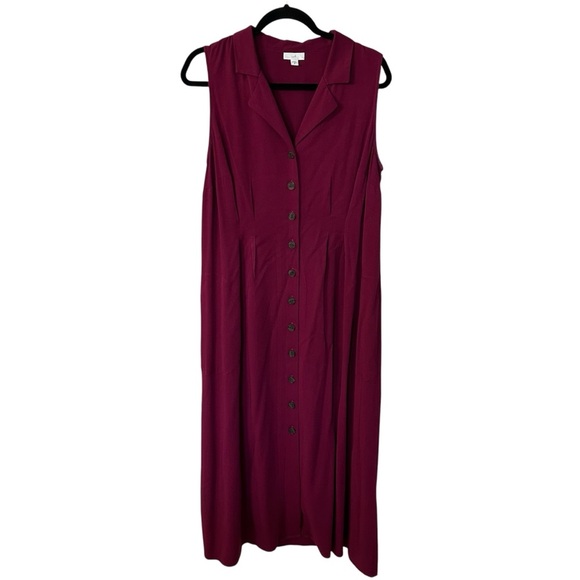 J. Jill Magenta Sleeveless V-Neck Lapel Collar Button Front Midi Dress Sz M GUC - Picture 1 of 9